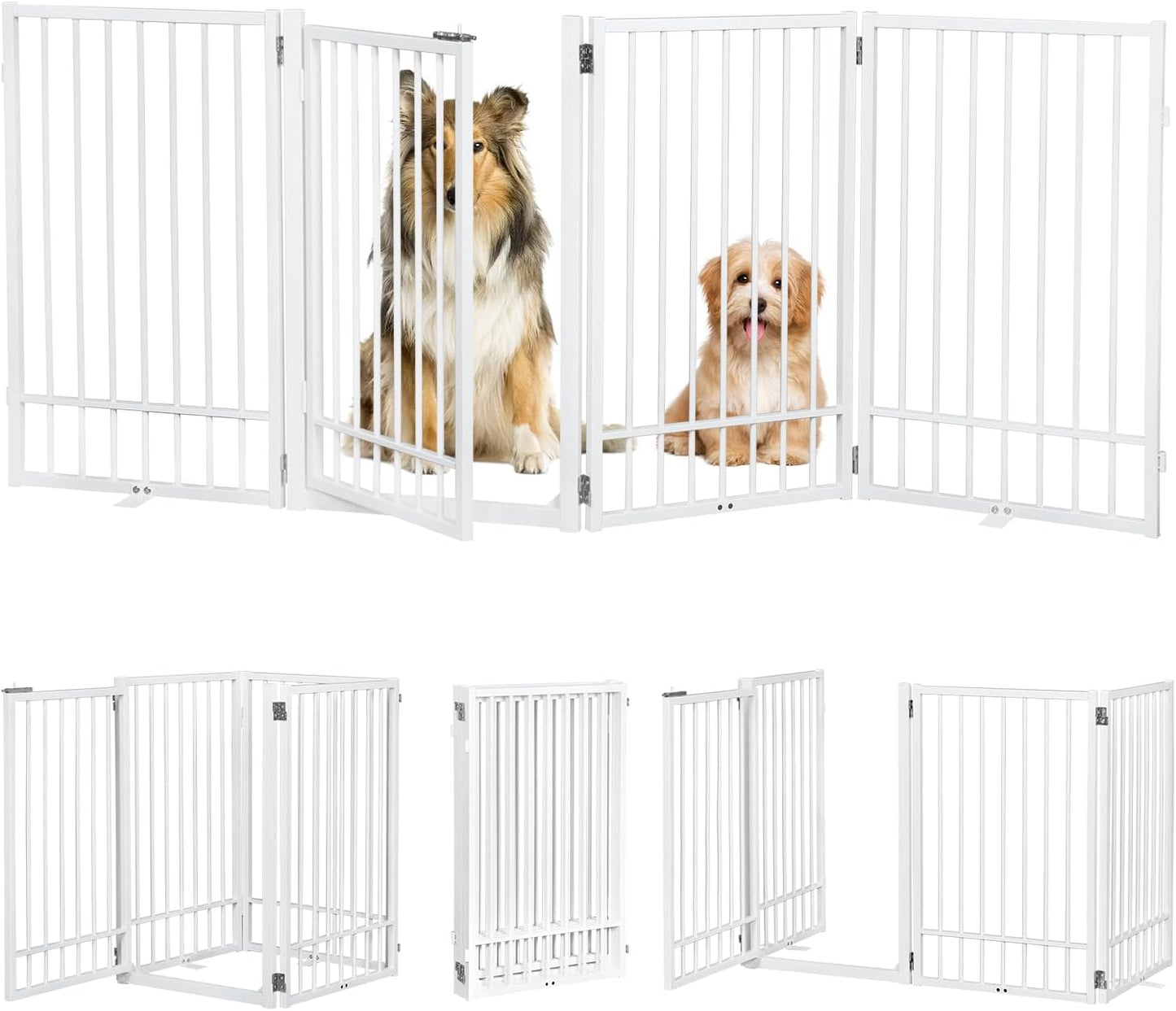 Metal Freestanding Dog Gate with Door, Extra Wide 81", 31" Height Foldable Dog Gates for Doorways, Tall Pet Fence Indoor Pet Gates, 4 Panels Pet Barrier for Stairs Hallways, Black