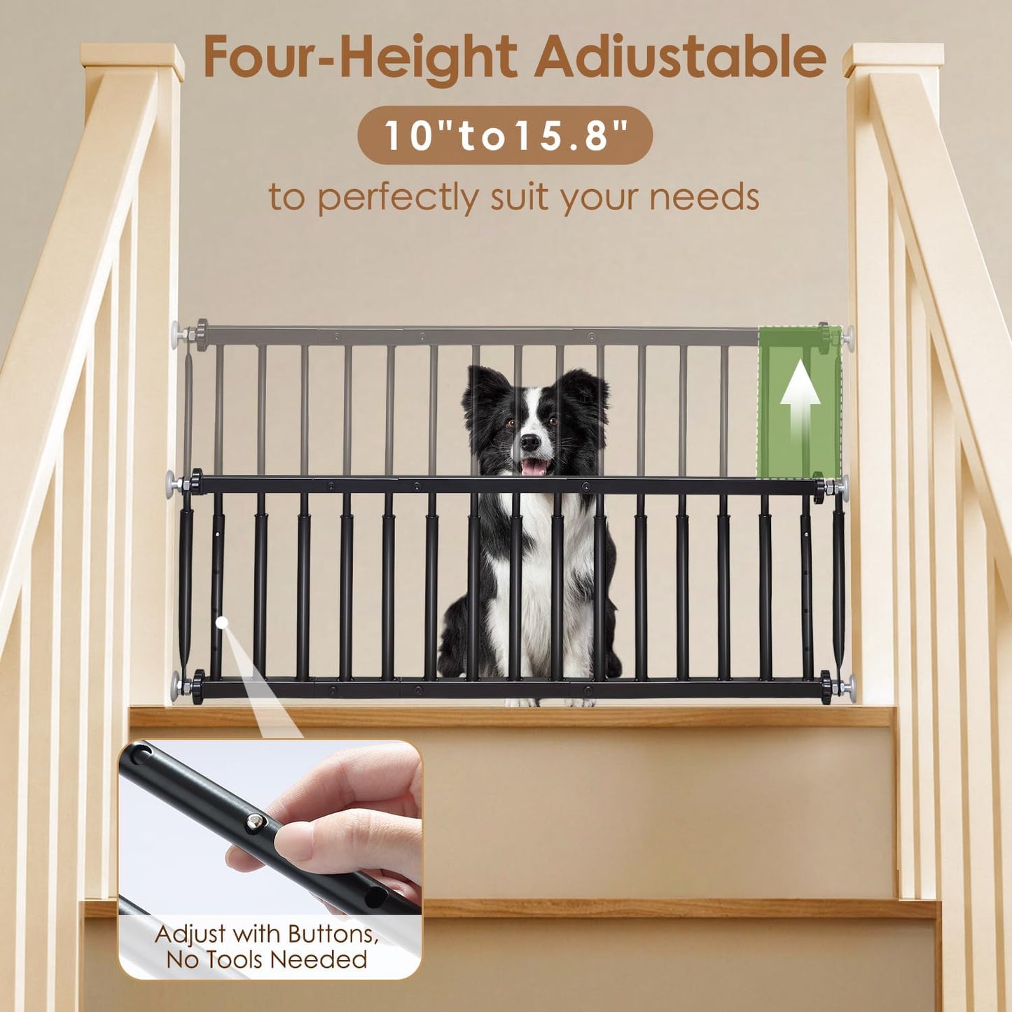 10''-15.8'' Height Adjustable Dog Gate, Extra Wide 18.1"-46" All Metal Short Dog Gate to Step Over, Pressure Mount Small Pet Puppy Gate for Stairs & Doorways(White)