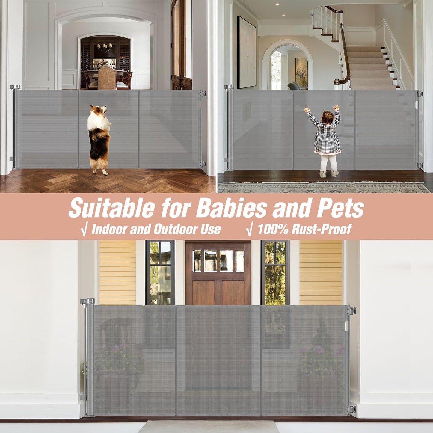 Reinforced 42" Tall Retractable Dog Gate, 155" Extra Long Retractable Baby Gate with Support Rods - Prevent Crawling Under, Indoor/Outdoor Retractable Gate Extra Tall Baby Gate Retractable Fence/Black