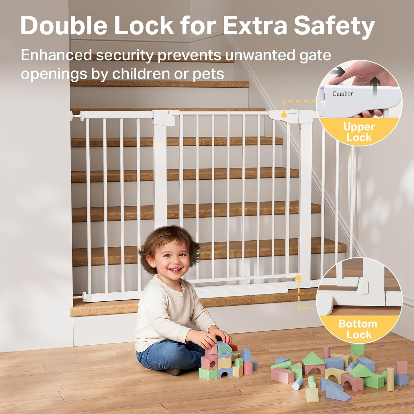 Cumbor 36.6-64" Extra Wide Baby Gate for Stairs, Dog Gates for Doorways, Auto-Close Pet Gate Indoor, Pressure Mounted Walk Through Safety Child Gate for Kids Toddler, Tall Pet Puppy Fence Gate, Brown