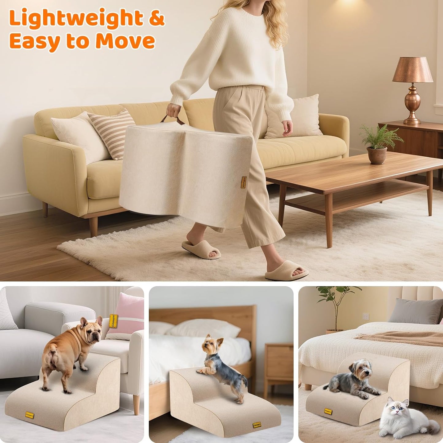 Gimars Upgraded 55CM Long Wide Steps 2 Step Dog Stairs for Small, Medium & Senior Dogs, 30CM High Ramp with 33D High-Density Foam, Linen Cover, Non-Slip Base, Supports 30KG, for Bed & Sofa