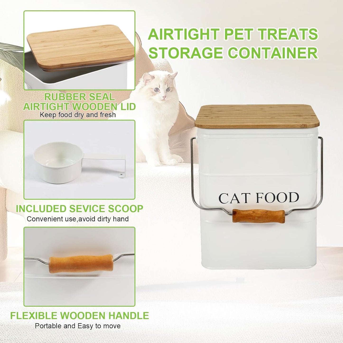 Dog Food storage container Dog Treats Jar,5~6 lb Metal food treats tin for Dog, pet snacks Canisters with wooden lid/handle/sevice scoop-Green