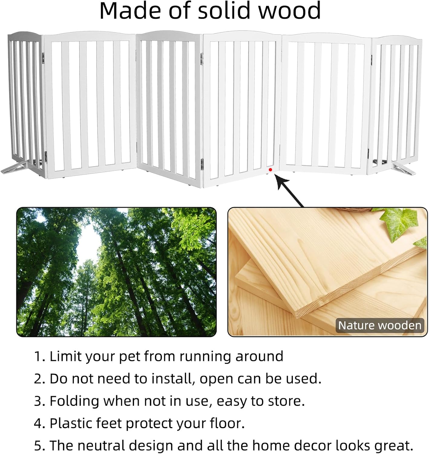 ZJSF Foldable Freestanding Indoor Dog Gate for House Wood White Long Pet Gates Dog Fence for Stairs Puppy Gates for Hallways,Pet Fence, Puppy Gate,Support Feet Included 24 "Height-3 Panels