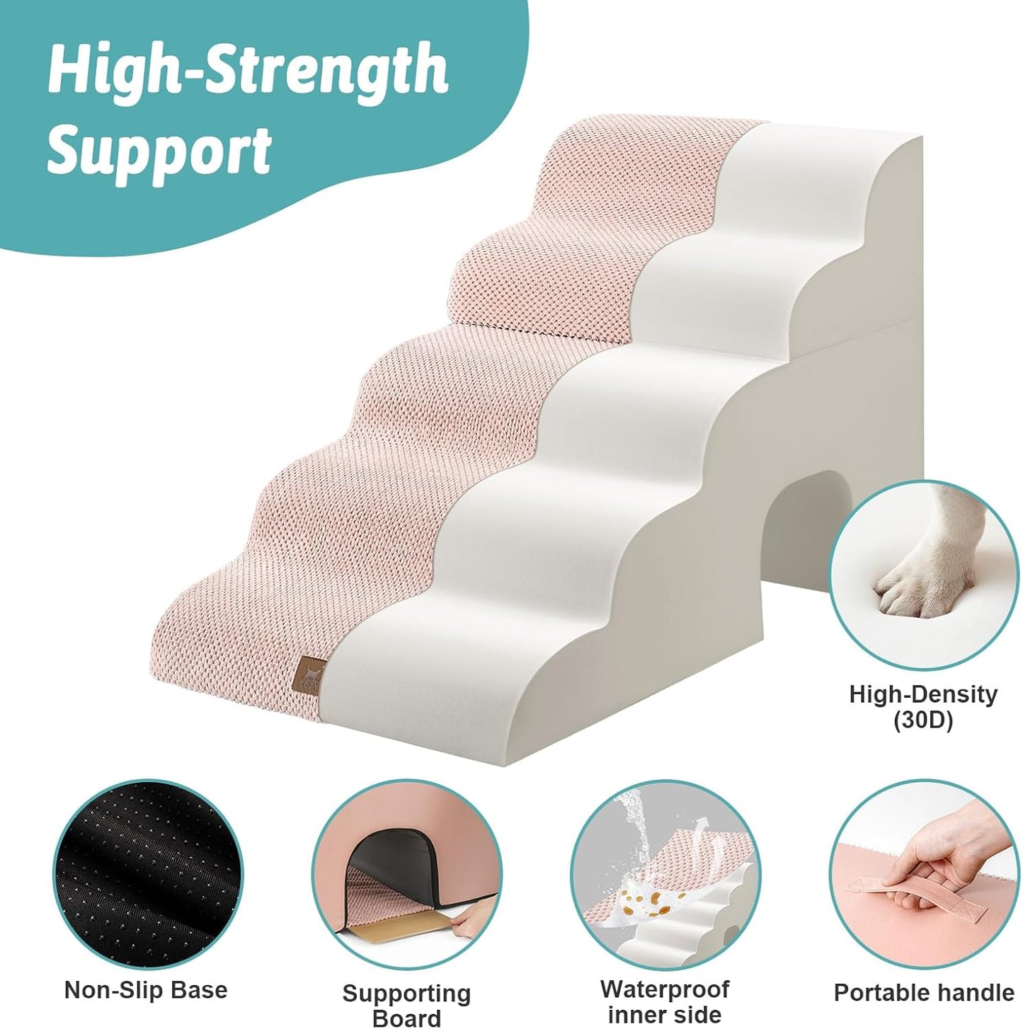 COZY KISS Extra Wide Dog Stairs with Tunnel, Foam Detachable Large Dog Step for Small Pet, Puppy or Cats, Medium Pet Ramp for High Bed, Couch, Sofa or Car, 19.7x33x22.4 inch, 5 Step, Beige