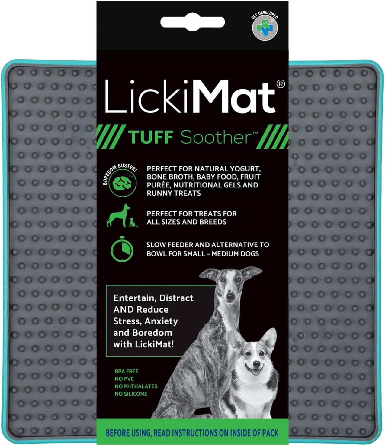 LickiMat Tuff, Heavy-Duty Soother, Dog Slow Feeder Lick Mat, Boredom Anxiety Reducer; Perfect for Food, Treats, Yogurt, or Peanut Butter, Fun Alternative to a Slow Feed Dog Bowl, Green