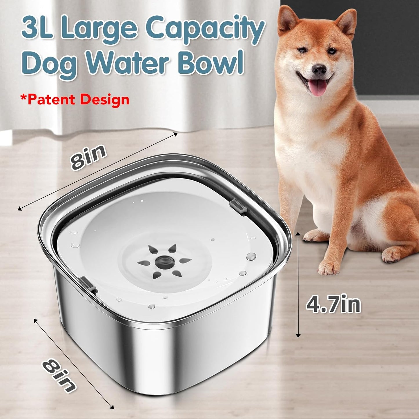 UPSKY 3L Dog Water Bowl 101oz Stainless Steel No Spill Large Capacity Dog Food Water Bowl Slow Water Feeder, Spill Proof Pet Water Dispenser Vehicle Carried Travel Water Bowl