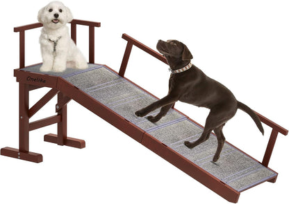 Onelike Wooden Dog Ramp for Bed with Removable Side Rail and Non-Slip Carpet, Stable Pet Ramp Stair for Couch Sofa for Small & Large & Senior Dogs, 74" Long Ramp Brown