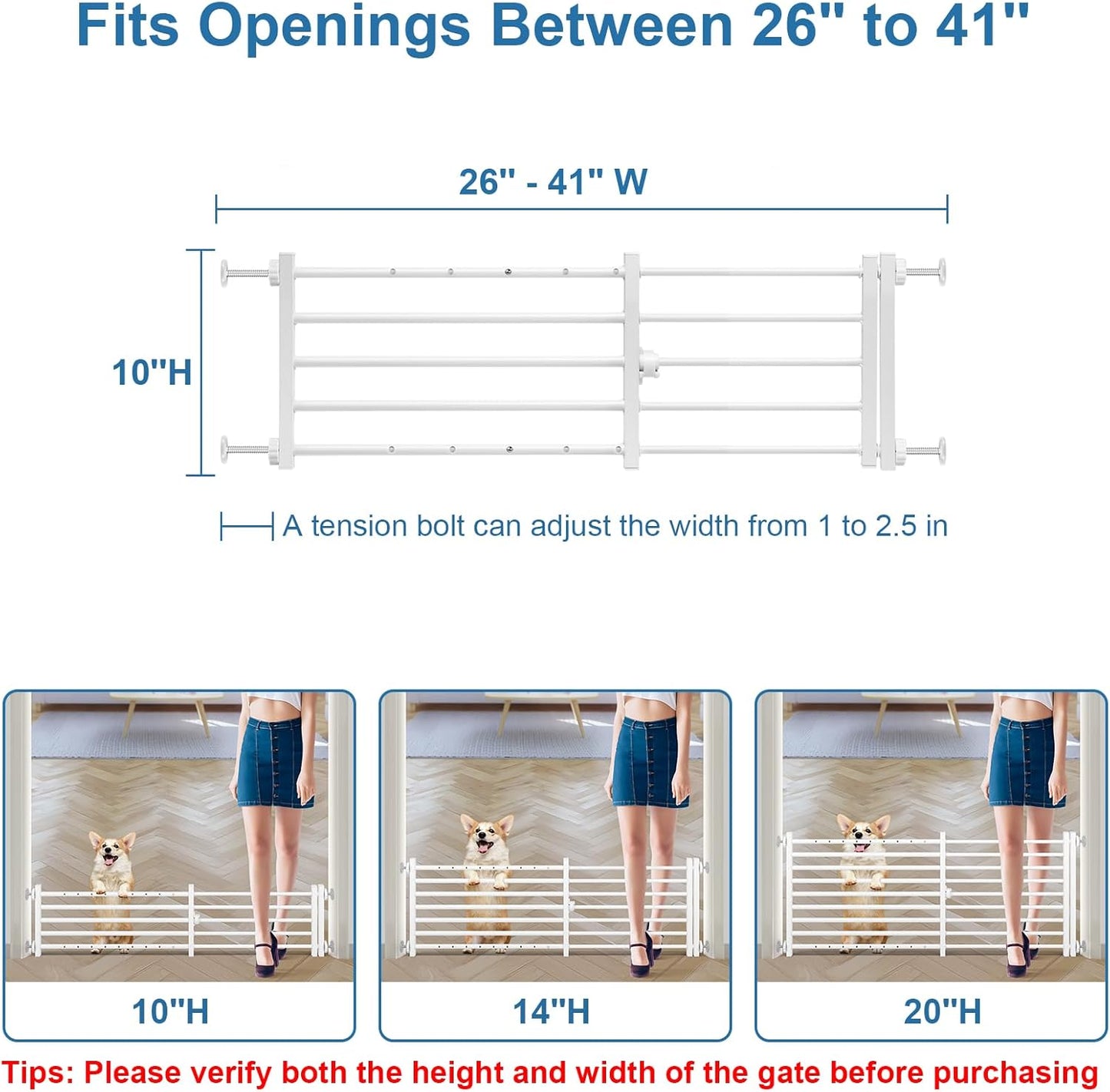 Malier Indoor Dog Gate with Door, 26-41" Extra Wide Full Metal Pet Gate Short Dog Gate for Stairs, Pressure Mount 10'' Tall Small Puppy Low Gate Easy Step Over for Doorways