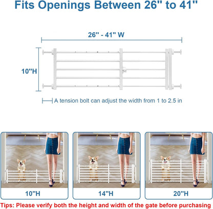 Malier Indoor Dog Gate with Door, 26-41" Extra Wide Full Metal Pet Gate Short Dog Gate for Stairs, Pressure Mount 10'' Tall Small Puppy Low Gate Easy Step Over for Doorways