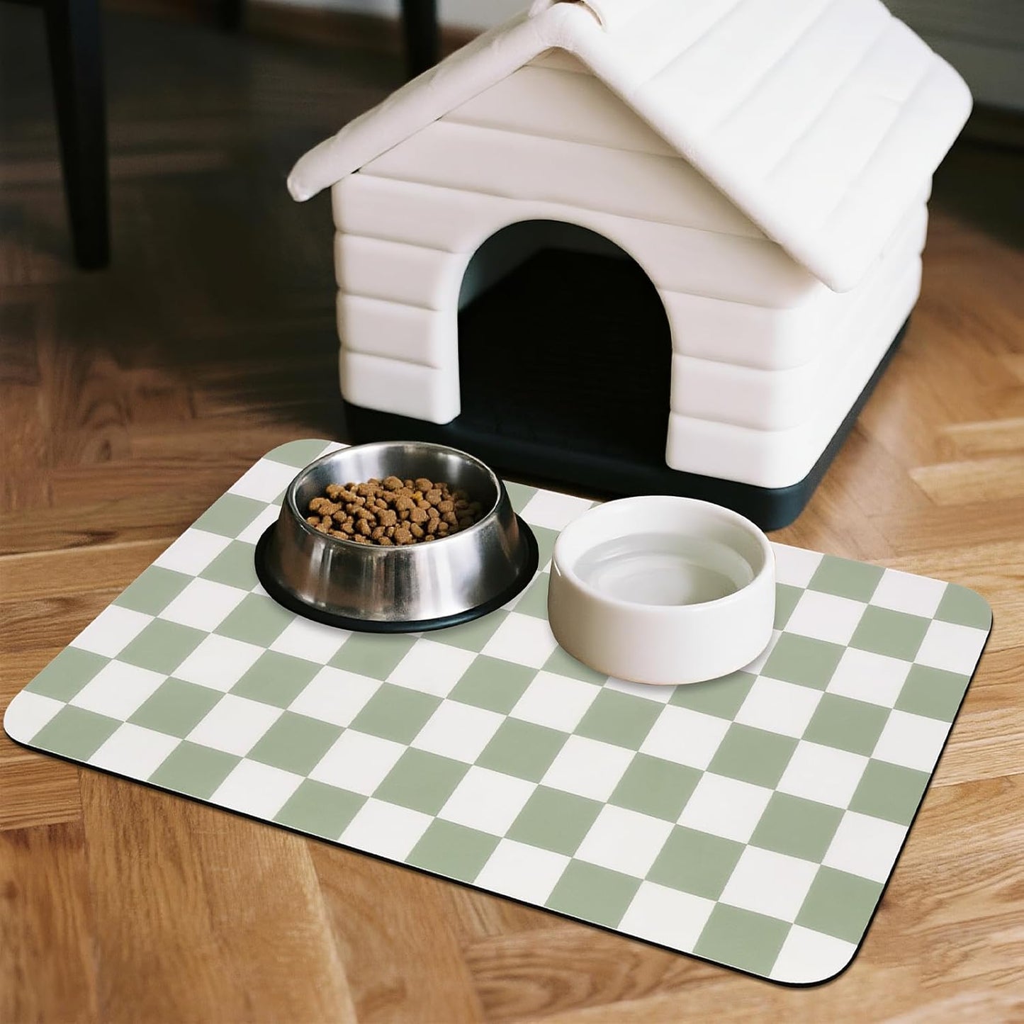 CooRug Checkered Dog Food Mat, Absorbent Leak-Proof Pet Feeding Mat, Quick Dry Cat Food Mat for Messy Drinkers 12" x 20" Khaki