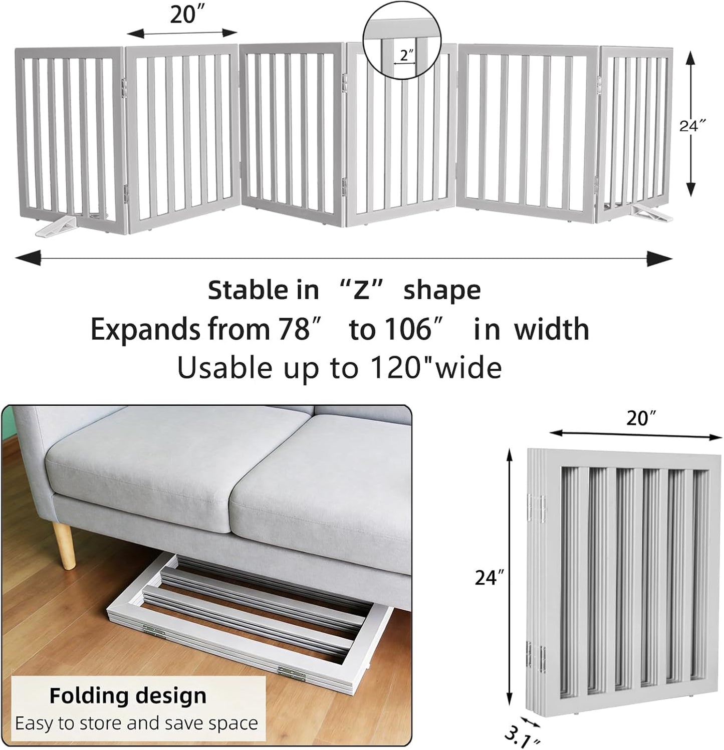 ZJSF Freestanding Indoor Dog Gate for House Foldable Wood Puppy Gate for Doorways Pet Gate for Stairs Extra Wide Pet Fence, Brown, 24" Height 3 Panels