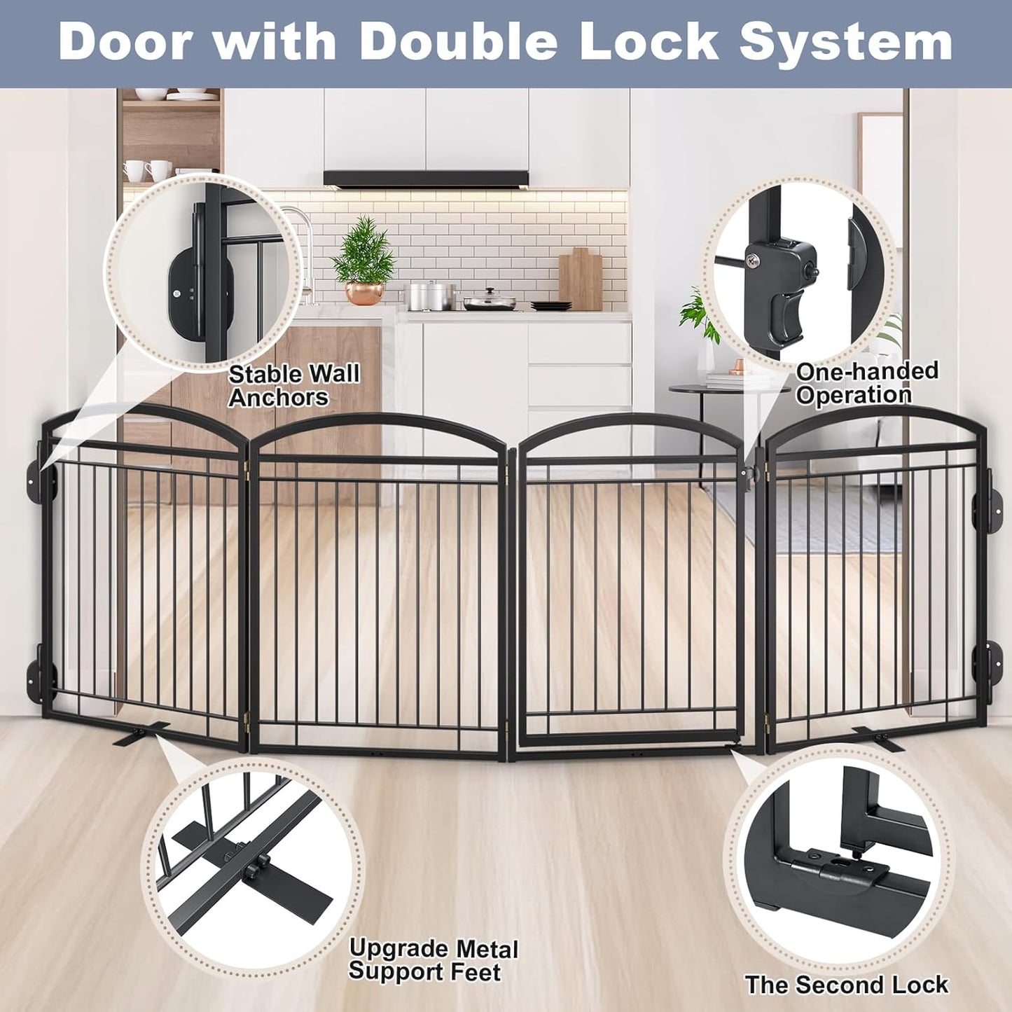 Full Metal Free Standing Dog Gate with Door for Indoor & Outdoor,96'' Extra Wide 32'' Tall Dog Gate for The Doorways,Large Openings,Decks,Porch,Pet Freestanding Safety Fence(4 Panels,Black)
