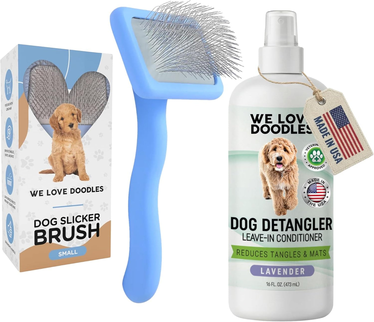 We Love Doodles Large Slicker Brush & Lavender Detangler Spray Pack - for Long-Haired Dogs, Dog Leave-In Conditioner for Reducing Mats, Knots & Tangles, Dematting & Conditioning Kit, 16 oz