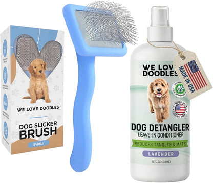 We Love Doodles Large Slicker Brush & Lavender Detangler Spray Pack - for Long-Haired Dogs, Dog Leave-In Conditioner for Reducing Mats, Knots & Tangles, Dematting & Conditioning Kit, 16 oz