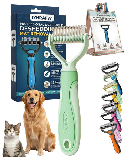 Pet Pro Grooming Tool Dual Tooth Pet Grooming Comb Undercoat Rake for Dogs Cats Long Hair Deshedding Tool Dematting Brush Double Sided Stainless Steel Teeth Remover Mats Tangles Loose Fur