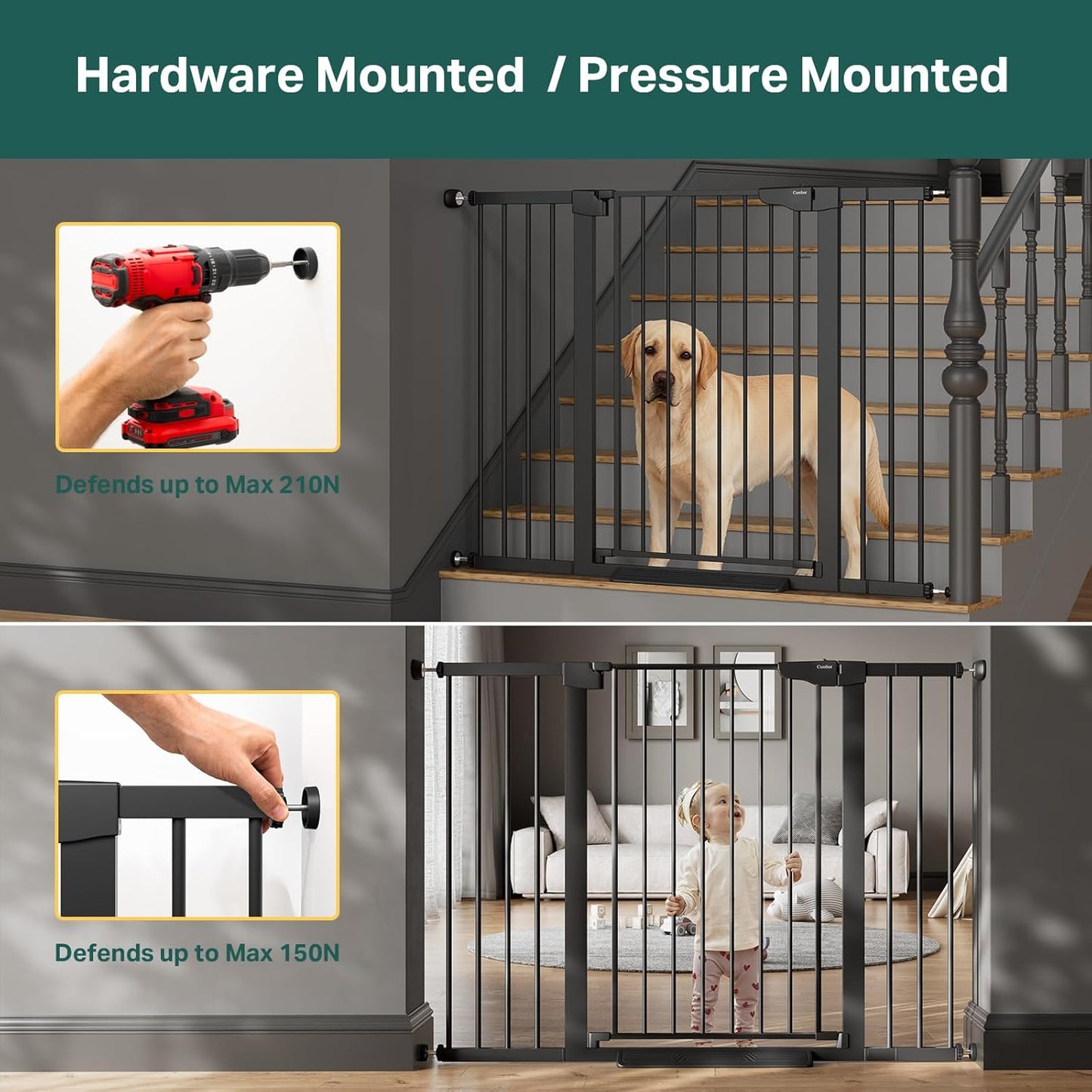 Cumbor 36.6-64" Extra Wide Baby Gate for Stairs, Dog Gates for Doorways, Auto-Close Pet Gate Indoor, Pressure Mounted Walk Through Safety Child Gate for Kids Toddler, Tall Pet Puppy Fence Gate, Brown