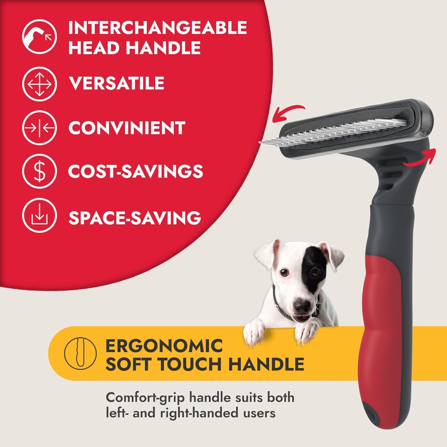 KONG Double-Sided Rake & Deshedding Tool – Detangling & Shedding Control, Rounded Metal Tips, Non-Slip Grip, for Medium to Large Dogs with Medium to Long Coats, Red/Gray