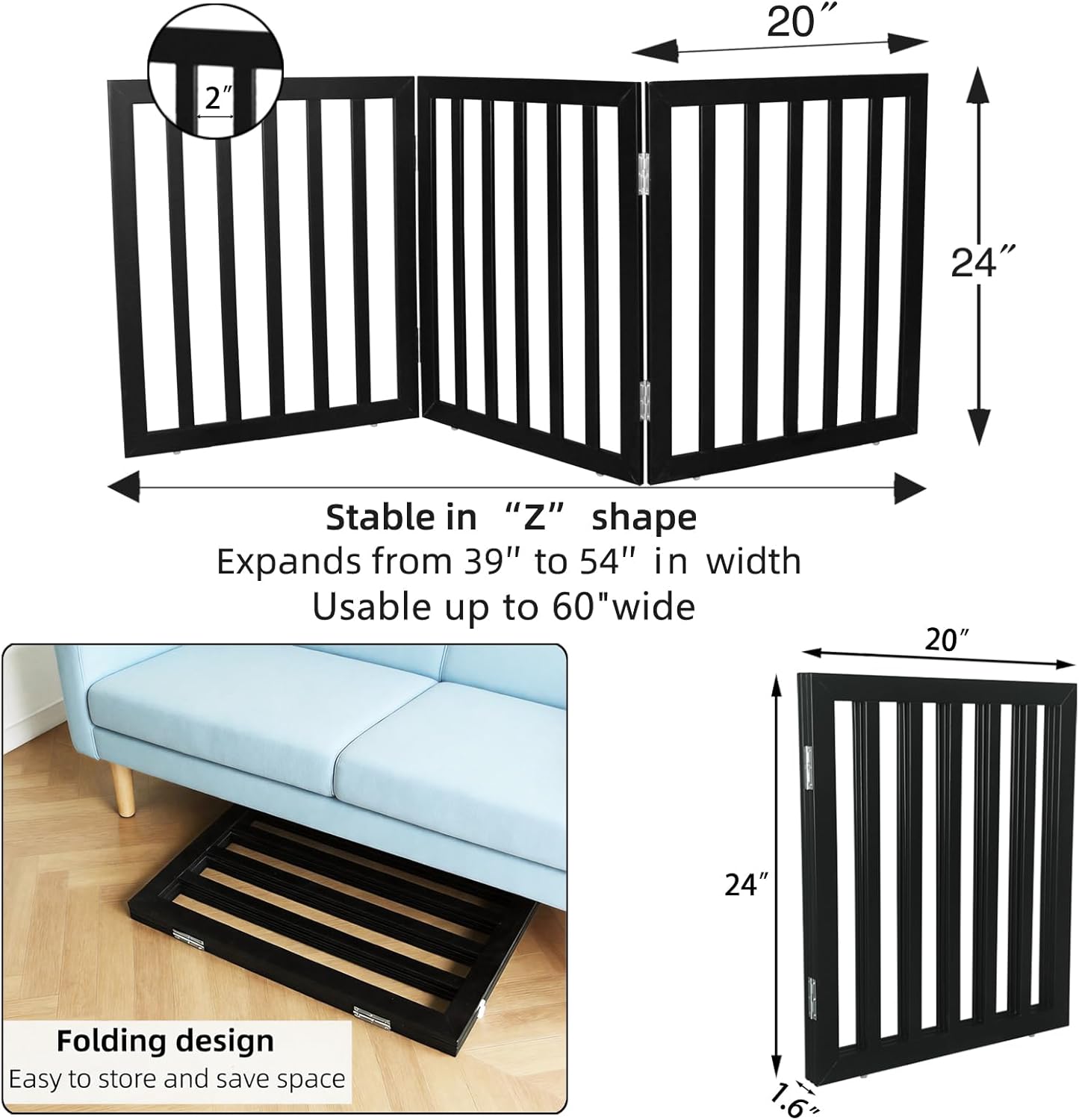 Dog Gate Indoor, Freestanding Dog Fence for The House, Doorways, Hallways,or Stairs,Pet Gate Foldable Wooden,Expandable 24" Height 3 Panels,White