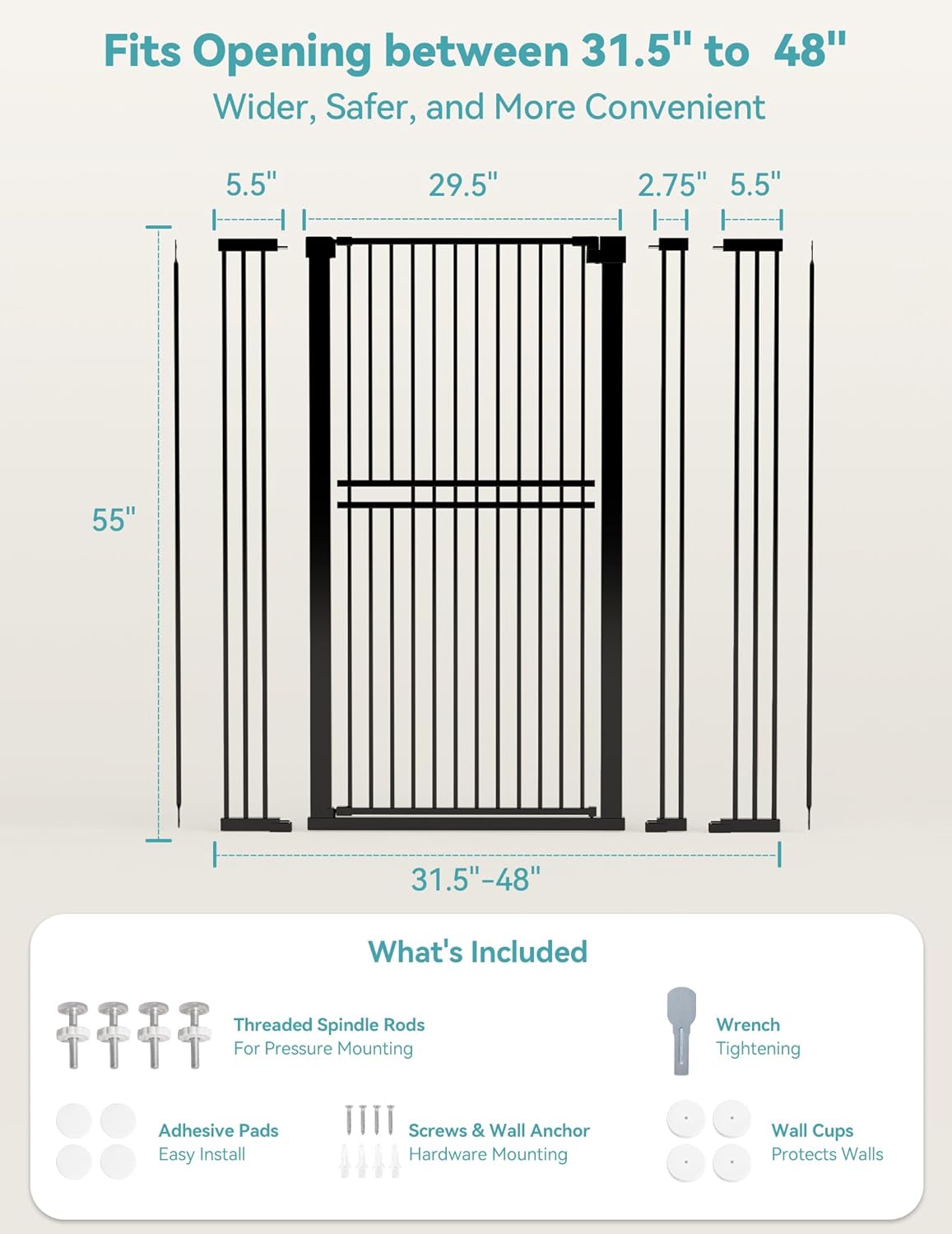 No Pawblems 55" Extra Tall Pet Gate for Cat/Dog, 29-40" Wide Auto Close Tall Dog Gate for Doorways/Hallways, 1.37" Ultra Narrow Spacing, NO Drilling Pressure Mounted, Black