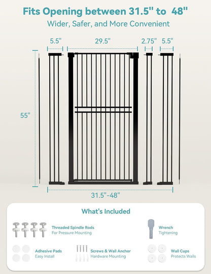 No Pawblems 55" Extra Tall Pet Gate for Cat/Dog, 29-40" Wide Auto Close Tall Dog Gate for Doorways/Hallways, 1.37" Ultra Narrow Spacing, NO Drilling Pressure Mounted, Black