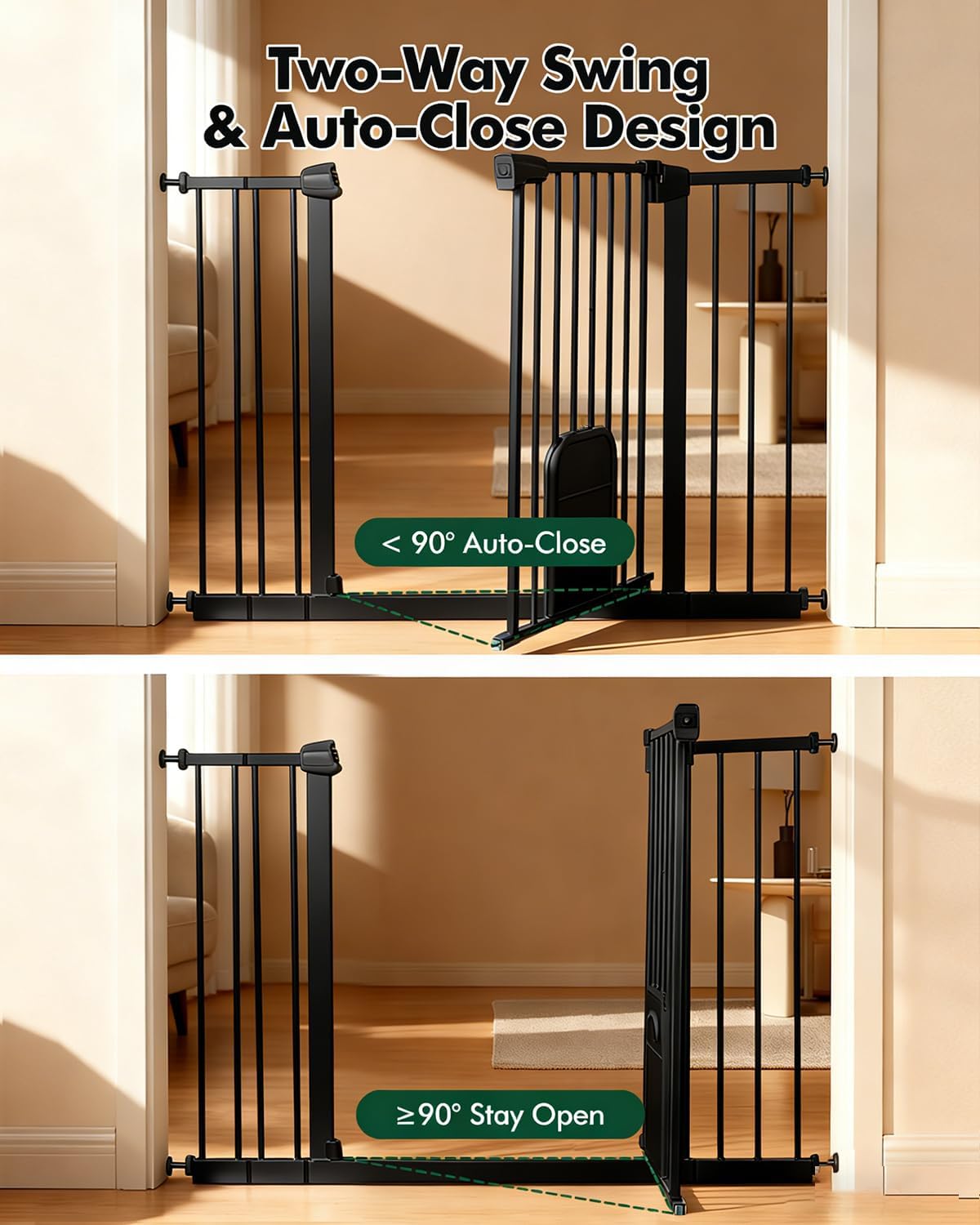 Pet Gate with Adjustable Cat Door, 31–46 Inch Pressure Mounted Dog Gate for Doorways, Stairs and Hallways, Auto Close Walk Through Metal Safety Gate, Easy Install, White