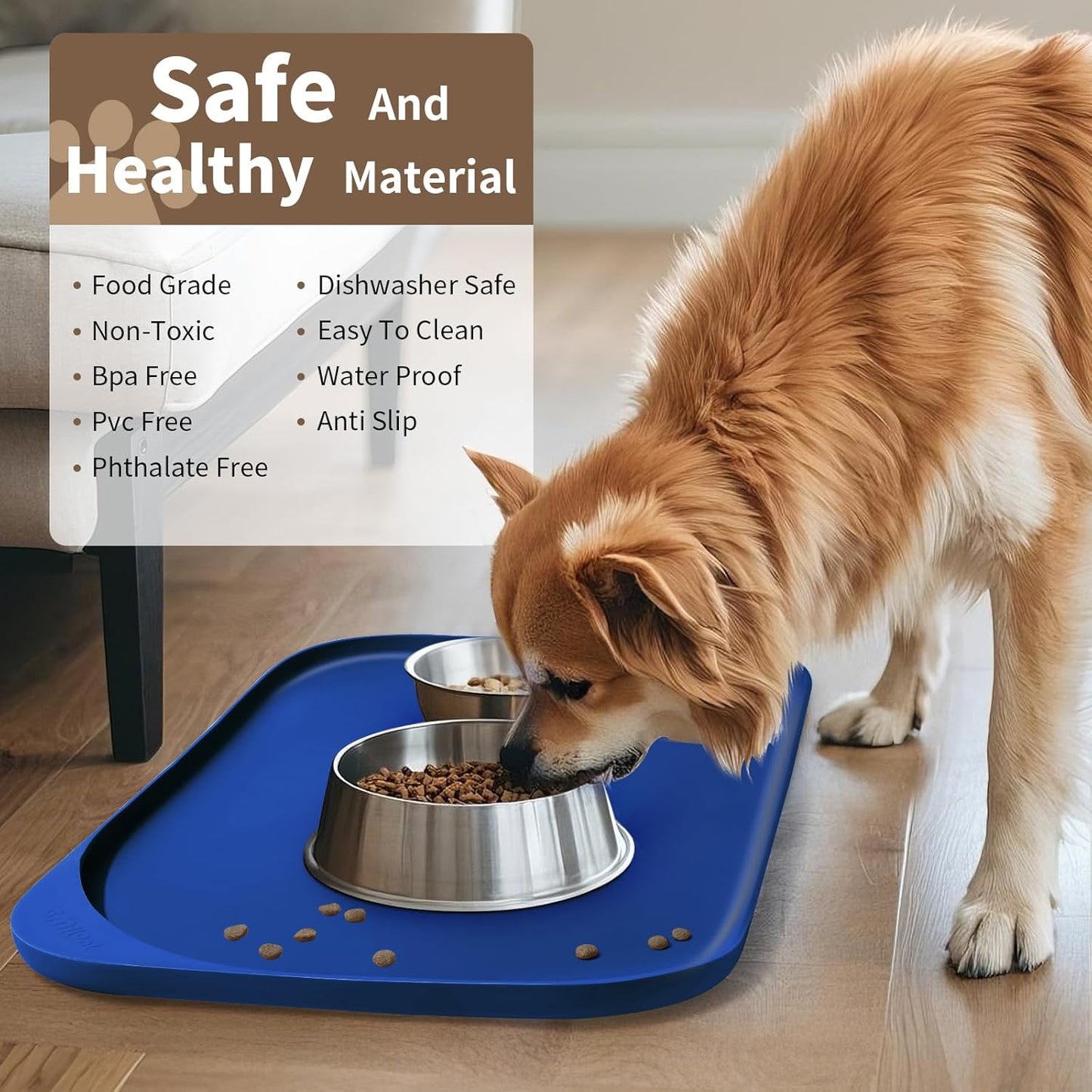Smilool Silicone Pet Food Mat with Raised Edge for Food and Water Bowl, Dog Feeding Mats, Cat Food Trays for Floor Waterproof, Rubber Tray for Dogs and Cats, 19 x 12 x 0.7 Dark Brown