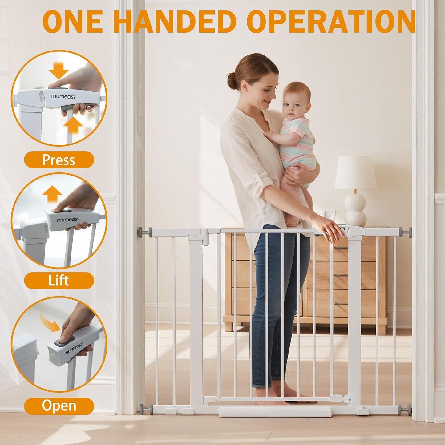 Mumeasy 29.7-46" Baby Gate for Stairs, Pressure Mounted Dog Gate for Doorways, Auto Close Walk Through Pet Gate Indoor, Extra Wide Metal Child Safety Gate, Mom's Choice Awards Winner, Black