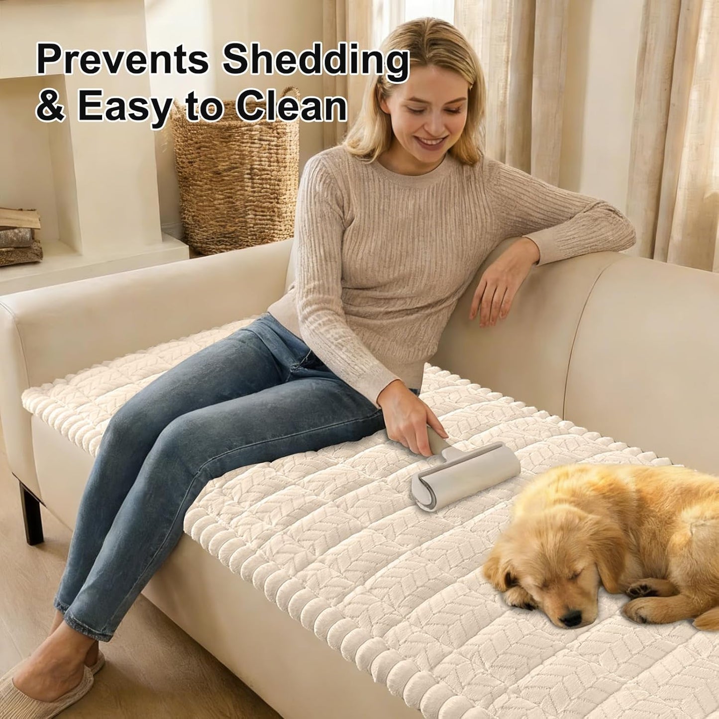 Smiry Non Slip Couch Covers for Dogs, Fuzzy Pet Couch Covers for 2-3 Cushion Sofa Pet Friendly, Soft Sofa Slipcovers Cushion Furniture Protector Washable (Beige, 27.6" x 59")