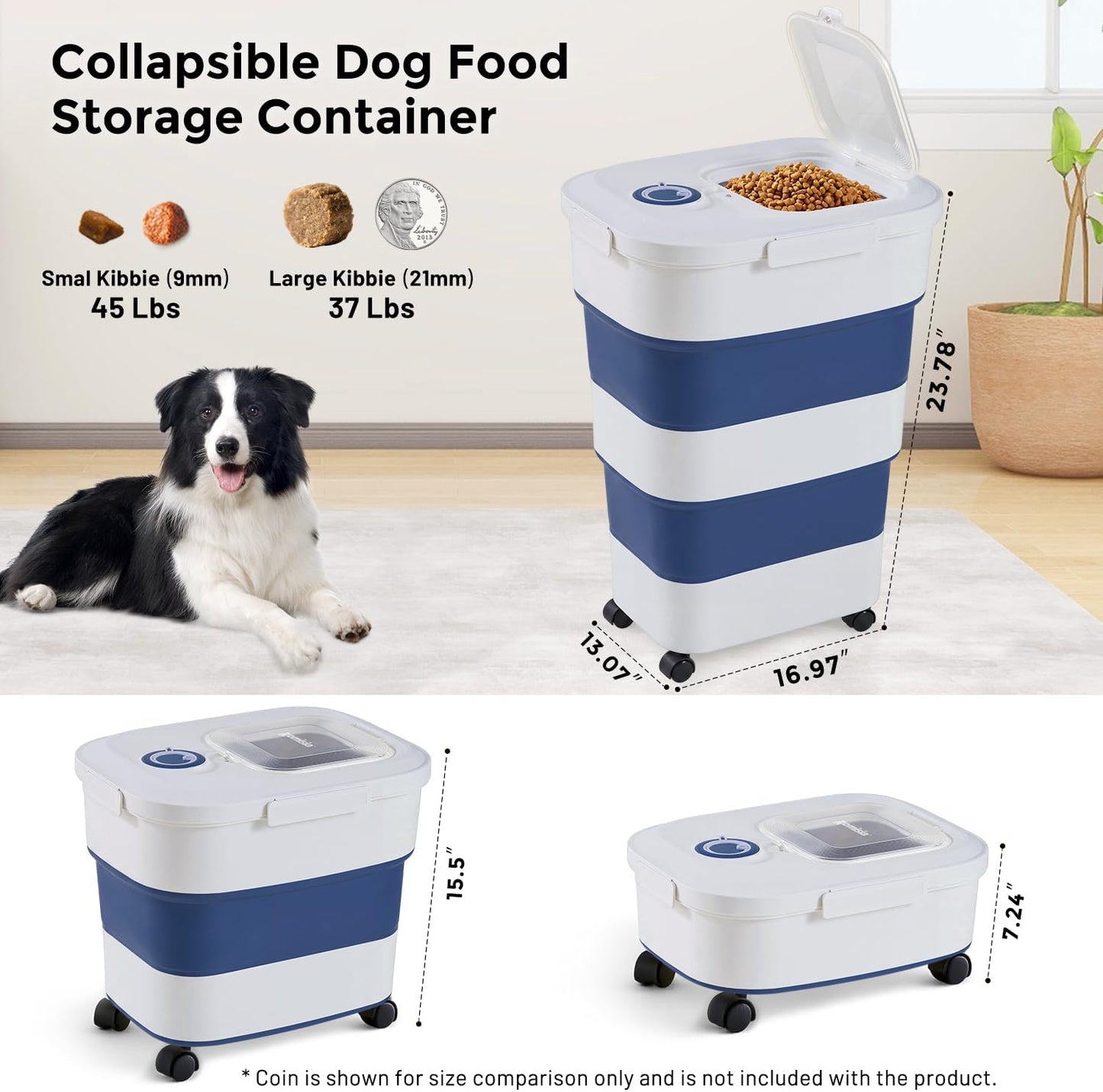 ZOMISIA 40-50lbs Dog Food Storage Container, Large Capacity Collapsible Airtight Pet Food Storage Containers with Rolling Wheels, Transparent Lid, Scoop and Date Track, Khaki