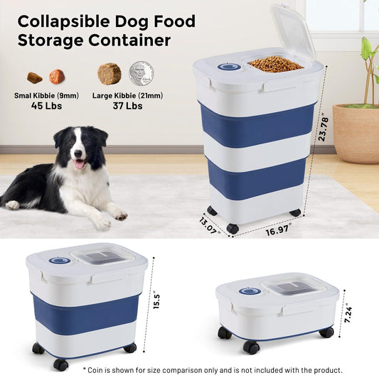 ZOMISIA 40-50lbs Dog Food Storage Container, Large Capacity Collapsible Airtight Pet Food Storage Containers with Rolling Wheels, Transparent Lid, Scoop and Date Track, Khaki