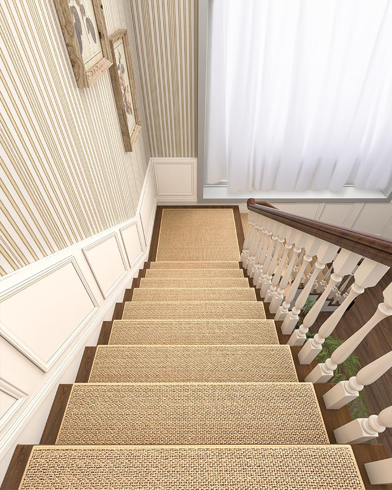 PADOOR Non Slip Stair-Treads,Rubber Backing Stair-Runners for Wooden Steps,15PCS Residue Free Carpet Stair Treads for Kids and Dogs 8"x30" Beige