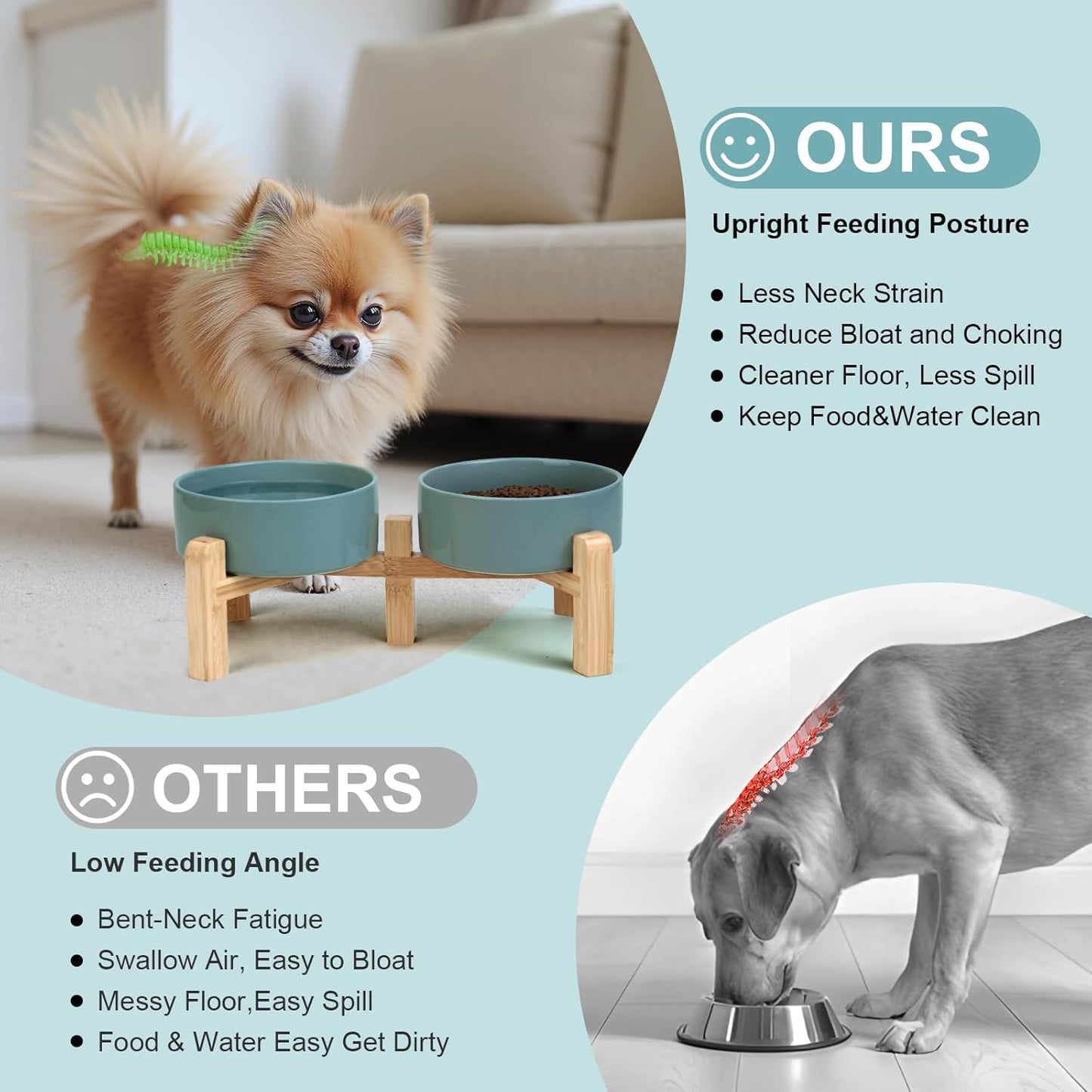SPUNKYJUNKY Elevated Dog Bowls Ceramic, 6.1'' Dogs and Cat Food Water Bowls Raised with Non-Slip Bamboo Stand for Medium Sized Breed Microwave Dishwasher Safe - 28.7 OZ,Beige