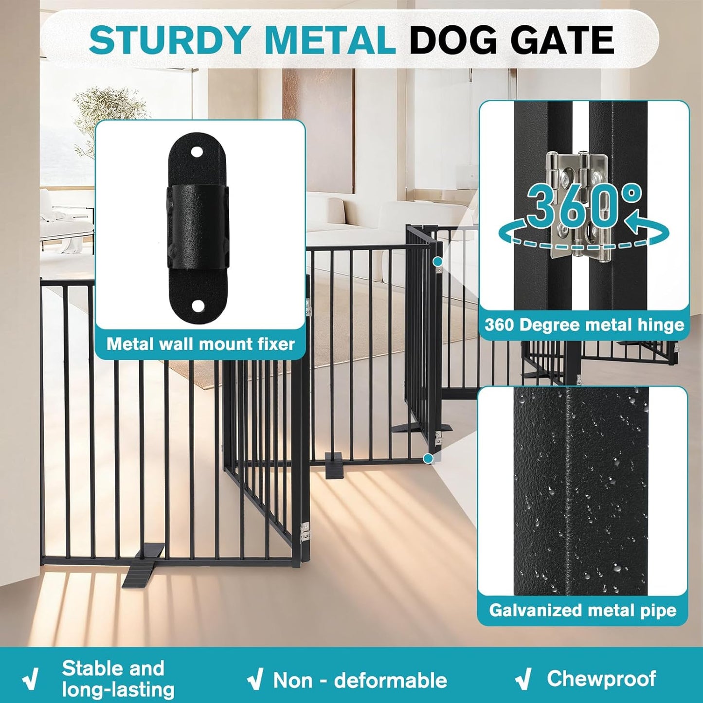 Snagle Paw Extra Wide Dog Gate,Free Standing Dog Fence with Door, Up to 104 Inch Wide Pet Gate with Support Feet for Stairs, Hallways, Doorways, Yard (Black, 4 Panels)