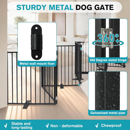Snagle Paw Extra Wide Dog Gate,Free Standing Dog Fence with Door, Up to 104 Inch Wide Pet Gate with Support Feet for Stairs, Hallways, Doorways, Yard (Black, 4 Panels)