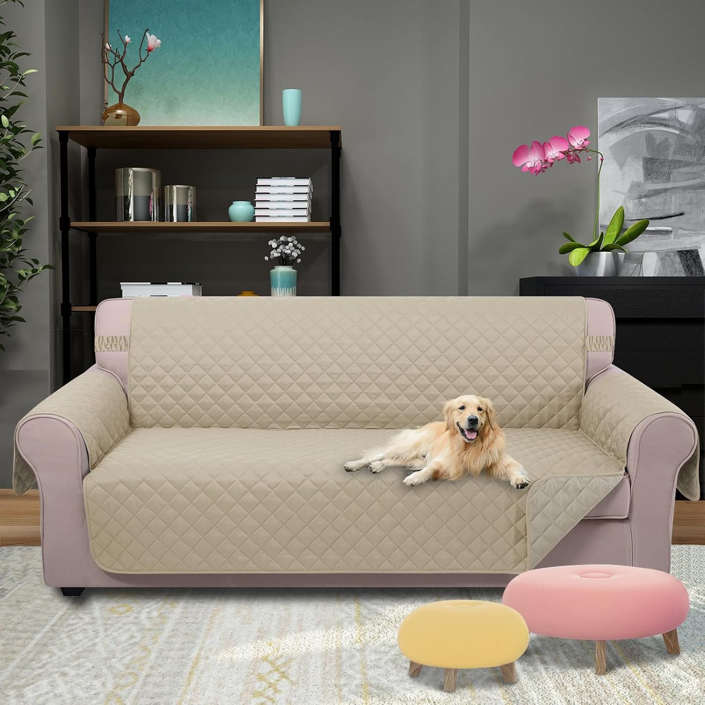 U-NICE HOME Reversible Sofa Cover Washable Couch Cover for Dogs Friendly with Elastic Straps Water Repellent Furniture Protector for 3 Cushion Couch (Sofa, Coffee/Beige) - Colors B