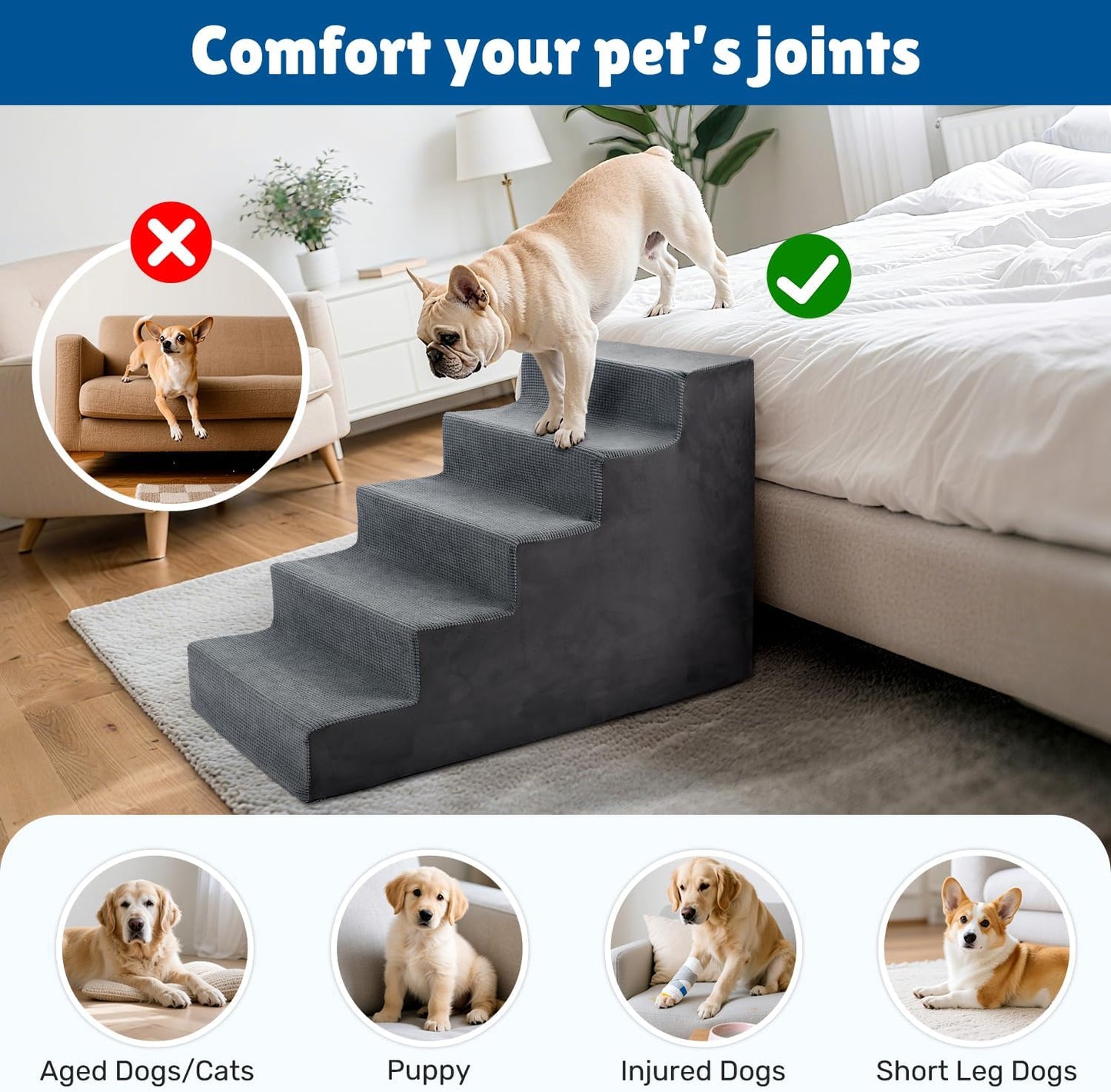 Dog Stairs for Bed, Extra Wide 5-Step Dog Steps for High Bed, High-Density Foam Pet Stairs with Non-Slip Removable Washable Cover for Small Pets, 23" H, Navy