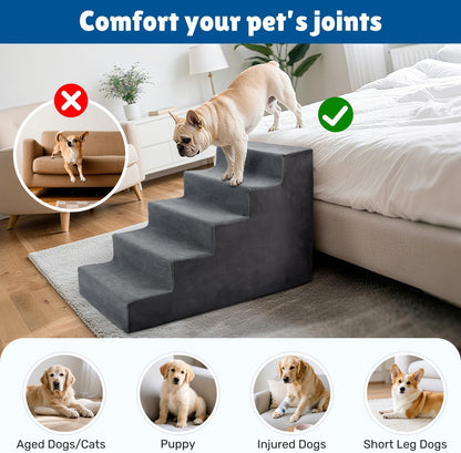 Dog Stairs for Bed, Extra Wide 5-Step Dog Steps for High Bed, High-Density Foam Pet Stairs with Non-Slip Removable Washable Cover for Small Pets, 23" H, Navy