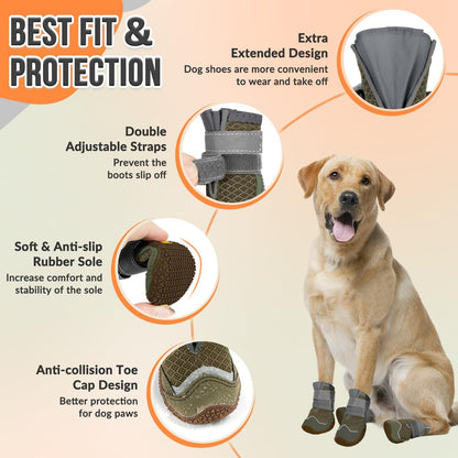 SlowTon Dog Shoes for Large Small Medium Dogs - Breathable Dog Boots for Summer Hot Pavement, Paw Protector for Outdoor Walking Winter Snow, Anti-Slip Rubber Dog Booties for Hardwood Floor (Green, 6)