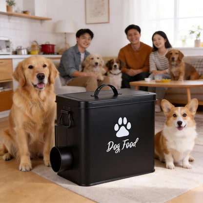 Dog Food Container 13lb, Cute Airtight Pet Food Storage Containers with Metal Lid Scoop, Black Metal Storage Bin for Dog/Cat with Wheels,Easy to Move