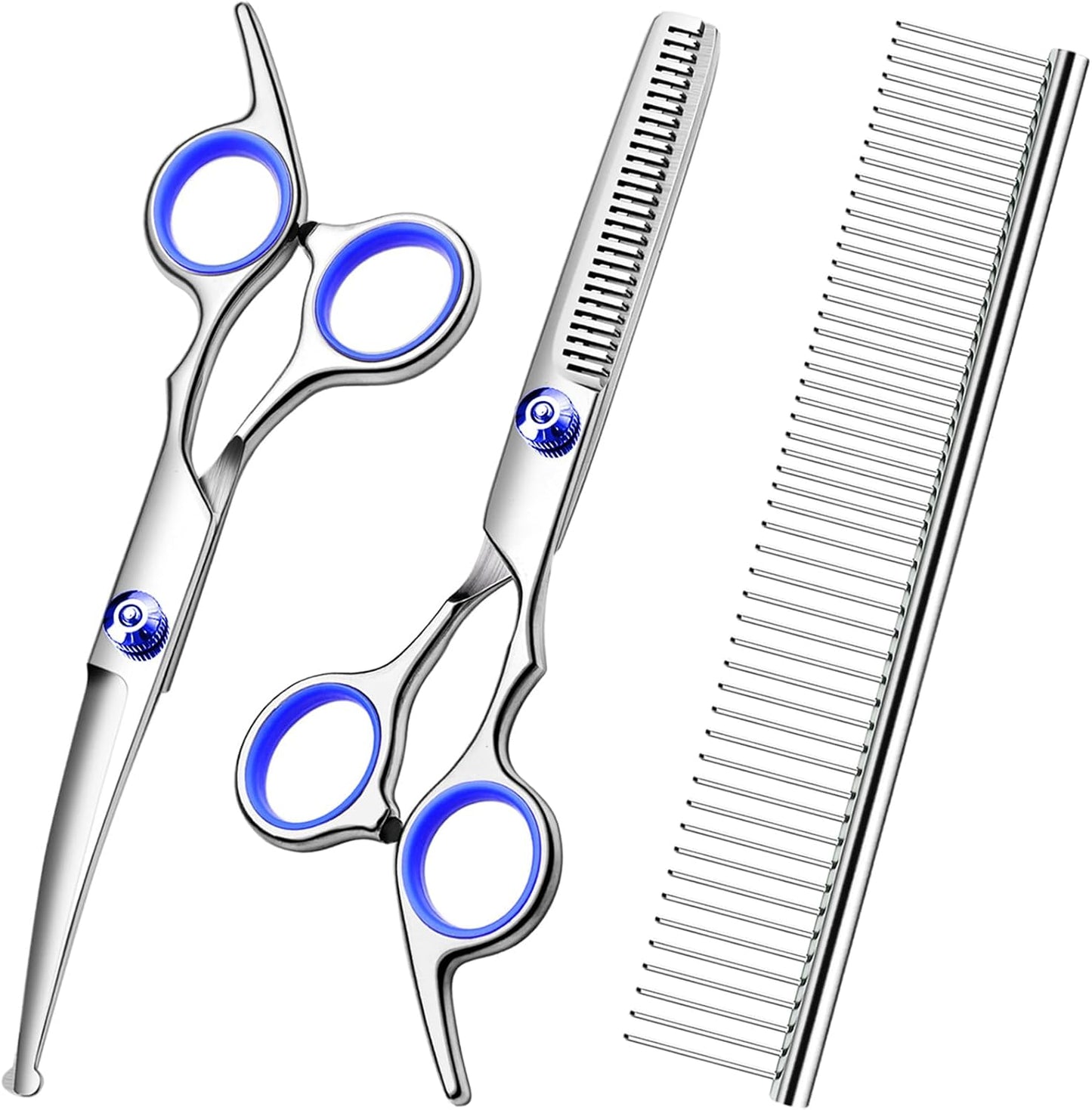 FAIGEO Dog Grooming Scissors with Safety Round Tips Stainless Steel Professional Dog Grooming Kit - Thinning, Curved Scissors and Comb for Cat Pet (Pink 4 in 1)