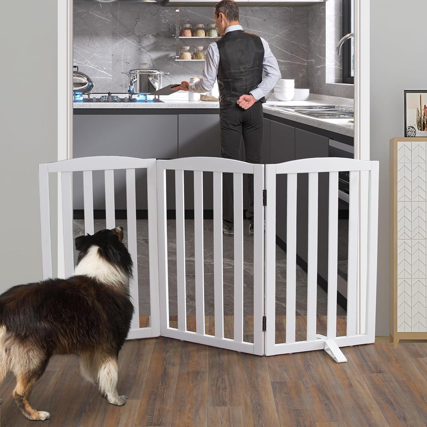 ZJSF Foldable Freestanding Indoor Dog Gate for House Wood White Long Pet Gates Dog Fence for Stairs Puppy Gates for Hallways,Pet Fence, Puppy Gate,Support Feet Included 24 "Height-3 Panels