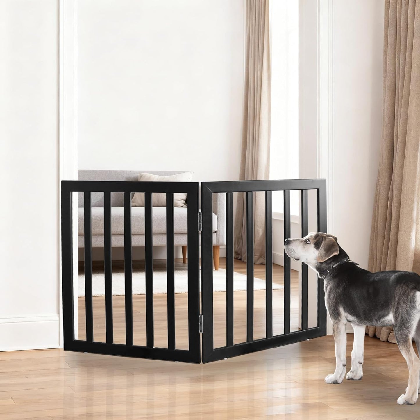 ZJSF Freestanding Indoor Dog Gate for House Foldable Wood Brown Puppy Gate for Doorways Pet Gate for Stairs Extra Wide Pet Fence 24" Height 2 Panels