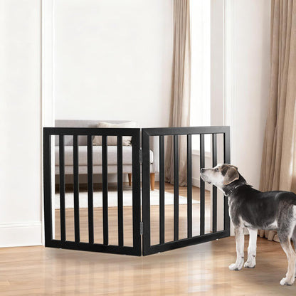 ZJSF Freestanding Indoor Dog Gate for House Foldable Wood Brown Puppy Gate for Doorways Pet Gate for Stairs Extra Wide Pet Fence 24" Height 2 Panels