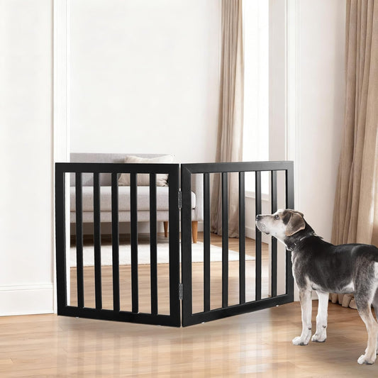 ZJSF Freestanding Indoor Dog Gate for House Foldable Wood Brown Puppy Gate for Doorways Pet Gate for Stairs Extra Wide Pet Fence 24" Height 2 Panels