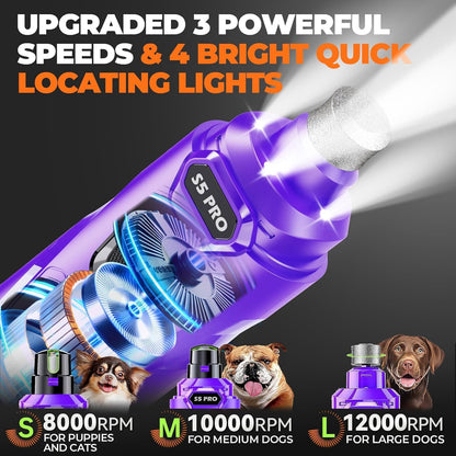 Whisper Quiet Dog Nail Grinder with 4 LED Lights, Safe & Stress-Free for Sensitive Dogs Cats of All Breeds & Sizes, 3 Grinding Bits, 3-Speed, Pet Nail Trimmers, Rechargeable Painless Grooming Kit