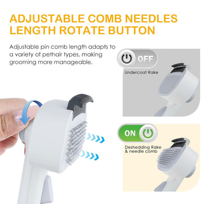 2-IN-1 Pet Self-Deshedding and Grooming Brush, Dogs and Cats Brush with Undercoat Rake & Adjustable Bristle Length Comb, One-Click Hair Removal for Matted Fur Tangles Removal Long and Short Hair Pets