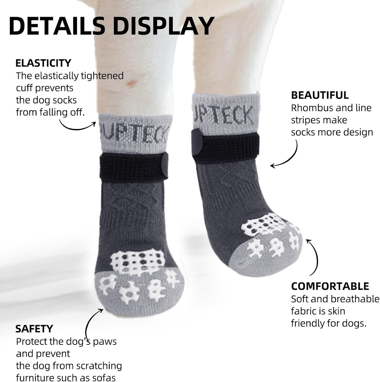 PUPTECK Anti Slip Dog Socks with Double Grippers for Hardwood Floors, Shoes for Hot/Cold Pavement, Boots & Paws Protectors to Prevent Licking, Traction Booties for Senior Small Large Dogs