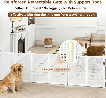 Retractable Baby Gate, 55 in Wide x 33 in Tall Mesh Dog Gate, Hardware Mounted Safety Gate with Double Lock for Doorways, Hallways, Indoor Outdoor, White