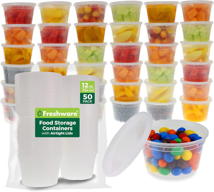 Freshware Food Storage Containers [50 Set] 25 oz Plastic Deli Containers with Lids, Slime, Soup, Meal Prep Containers, BPA Free, Stackable, Leakproof, Microwave, Dishwasher and Freezer Safe