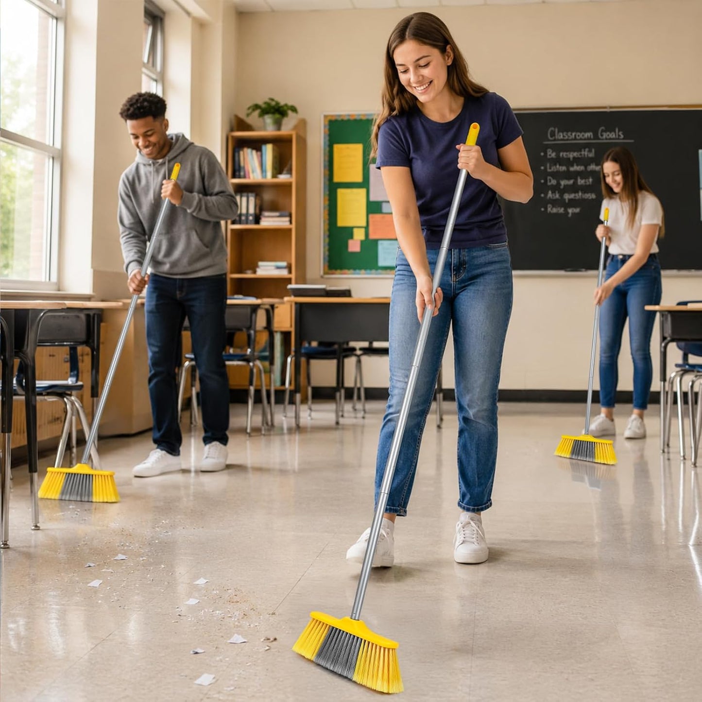 Broom for Hardwood Floors Indoor Sweeping Brooms with Soft Bristles and 55” Long Handle for Tile Laminate Deck Hard Floor Cleaning-Yellow